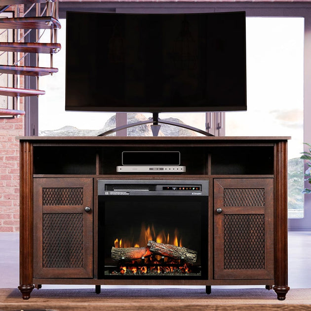 Xavier Electric Fireplace TV Stand in Warm Grainery Brown Fire Pit Oasis