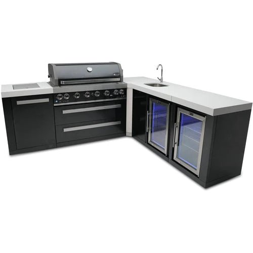 Mont Alpi 805 Black Stainless Steel Island with a 90 Degree Corner, Beverage center and Fridge Cabinet - MAi805-BSS90BEVFC - Fire Pit Oasis
