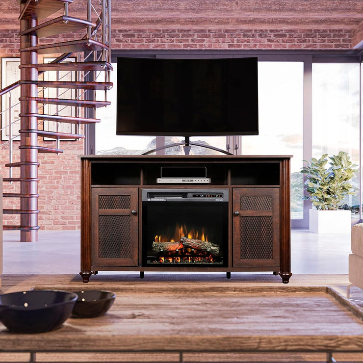 Xavier Electric Fireplace TV Stand in Warm Grainery Brown Fire Pit Oasis