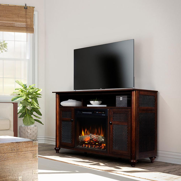 Xavier Electric Fireplace TV Stand in Warm Grainery Brown Fire Pit Oasis